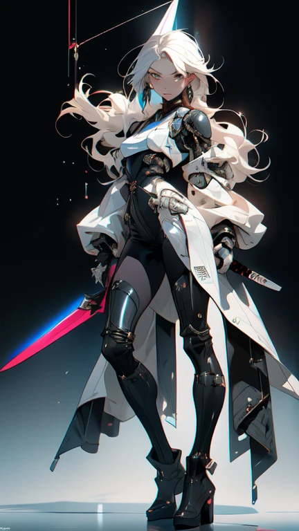 High resolution、sharp lines、、Beautiful face、Well-formed face、、slender、Futuristic black sword、Heavy equipment、Bondage、fine hair、Hiding one eye with hair、Sharp Eye、Jewel-like eyes、White background、Fantastic colors、Near future、Facing forward、Small face、Small breasts、Attractive lips、whole body、Long legs、From head to toe、Beautiful legs、They are equipped with weapons.、Armament、A serious face、Black boots、Character portrait、Sharp lines、Clear line art、Standing with your legs apart、cool、Cool pose、Near-future equipment、Near-future black clothing、Character portrait、The size of the girl in the picture、White clothes、A more human-like outfit、A body that's youthful and feminine、9 heads、