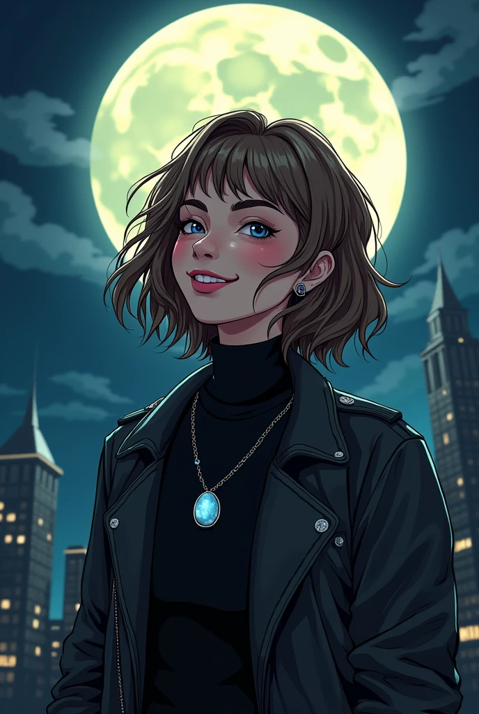 Young Brazilian alternative grunge style human with normal clothes fascinated by Greek mythology and supernatural creatures, deep connection with the dark forces of the night, A horror, mystery, and investigation RPG set in modern times, the basic image, occultist, medium size hair, light brown hair color , very clear skin, moonstone necklace, at night with the moon, normalmente glad, wearing a black turtleneck sweater with long sleeves, leather jacket, extroverted , glad, happy, mais Cartoon, artistry, cartoon, piercings