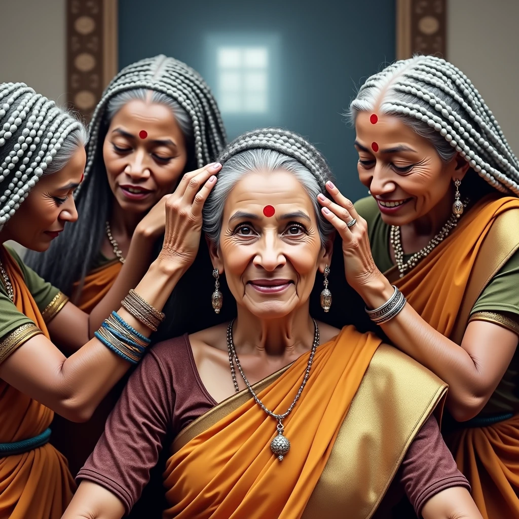 Ultra detailing image prompt,Generate by using all the ladies features,figures and detailes,exactly and stictly as per the image prompt,Generate ladies elegant elderity and wisdom in indian ethnicity with perfect slick back shinning like mirrors due to oil+gel+water applied cornrow braided hairs