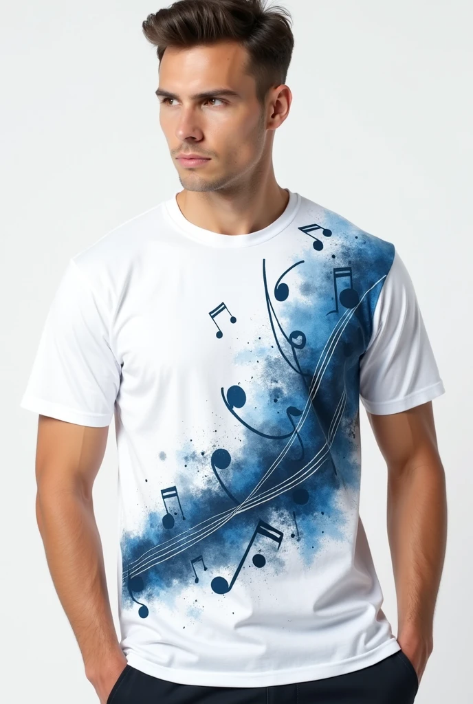 a white front and back t-shirt model with dark blue musical notes decoration all over the t-shirt making a gradient with some watercolor details