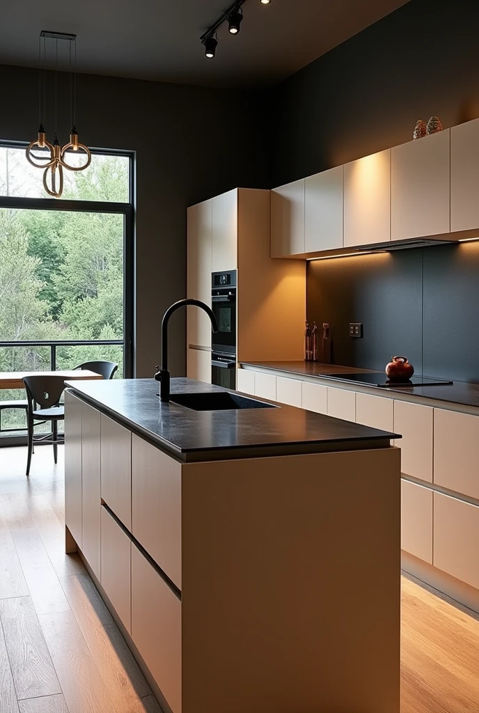 Could you provide me with images of a modern kitchen from different angles?, with wooden floor, with only the black countertop, tables in parallel, the central table attached to a wall, double-basin sink in the central table, beige melamine furniture.