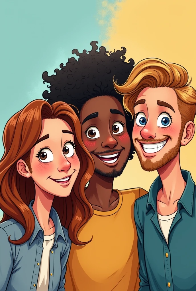 Image in drawing of 3 fun white adults , one with wavy brown hair, another black hair with curls , the other with straight, copper blonde hair 
