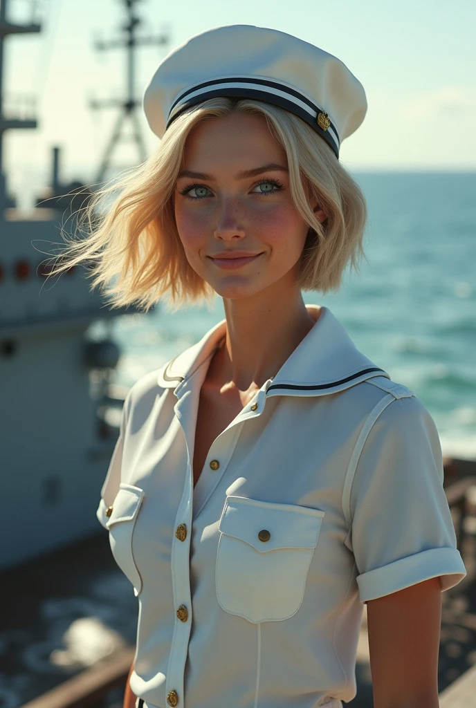 (8K,Photorealsitic Raw photography top-quality;1.4) (1 mature female) Super beauty (Lifelike face) Blonde woman in white uniform posing on warship, Woman in military uniform military uniform pants Beautiful expression real looking skin 超A high resolution Precision Details Warship deck Sunset,1girl Mary R.