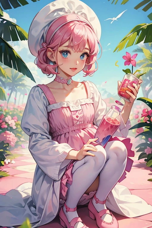 Lucy Smoothie has fair skin with hot pink lips and sky blue eyes. Her baby pink hair is worn loose with a slight curl and frames her face, worn with a headband that has green leaves and a smoothie cup. She wears a white dress with hot pink drip covering the chest and adorned by a tiny pale pink flower with leaf. Her baby pink tights are worn with hot pink strawberry shoes. SPARKLE; GLITTER