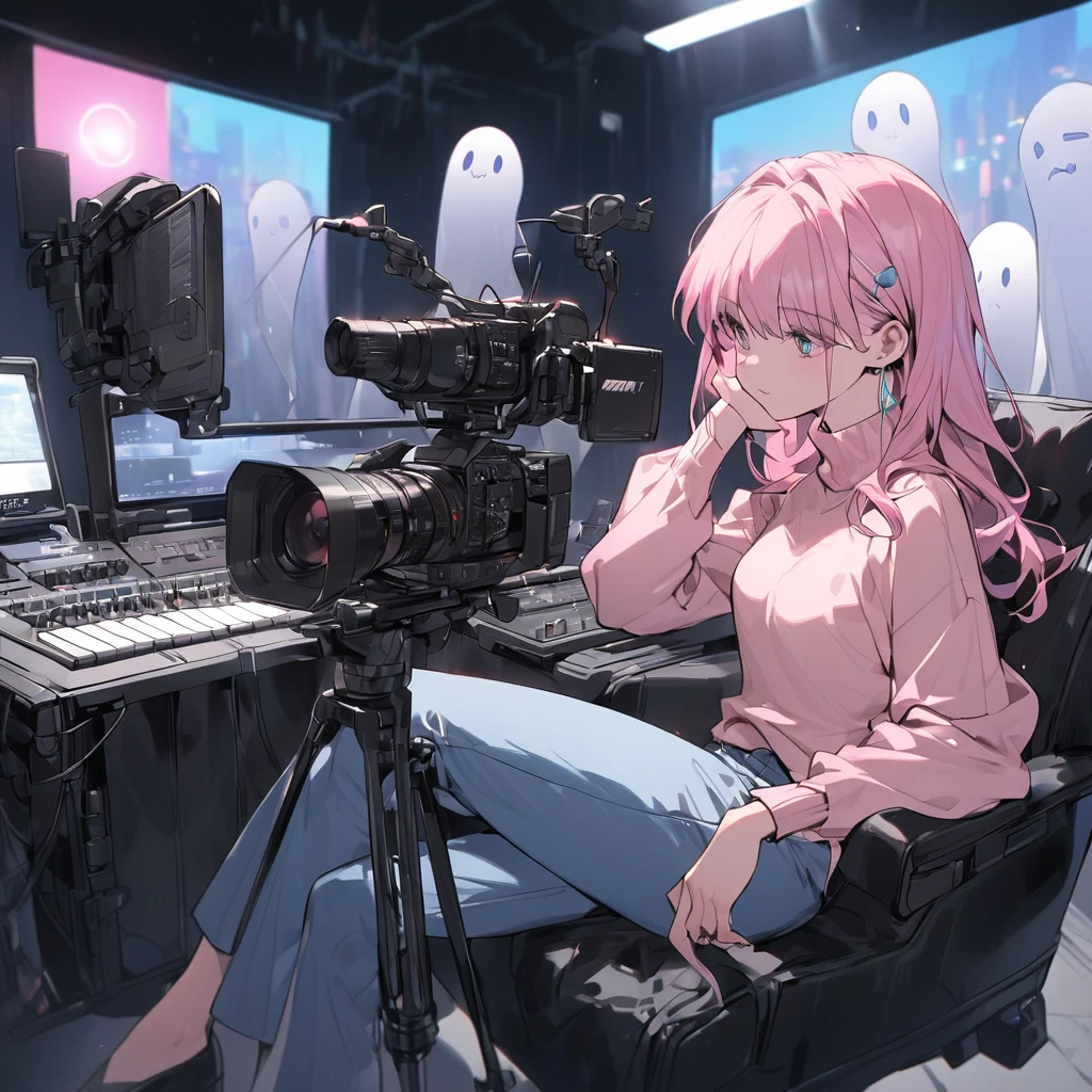 Woman sitting on a recording set, wearing blue pants and a pink turtleneck sweater, con estilo de dibujo de los años 80's específicamente Ghost in The Shell