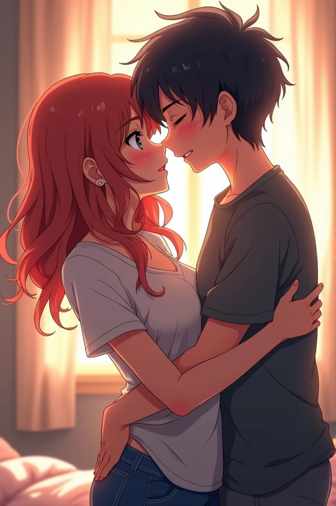 Two anime teenagers passionately kissing in bed
