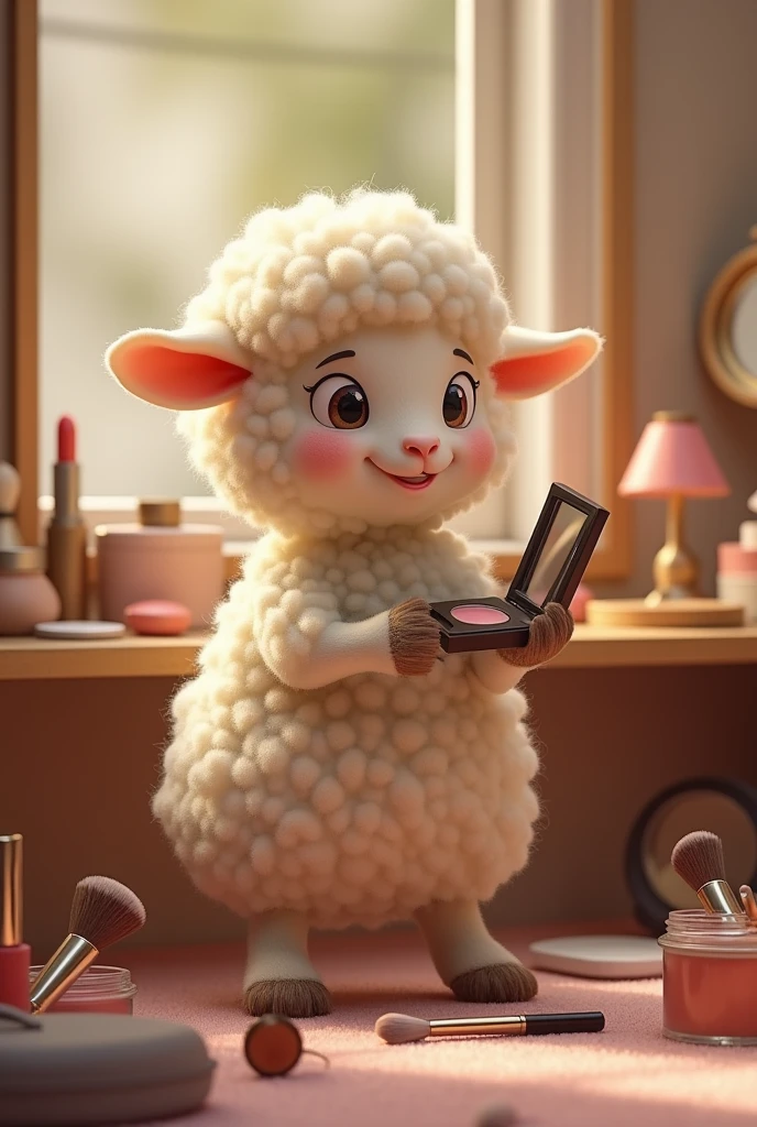 A sheep putting on makeup
