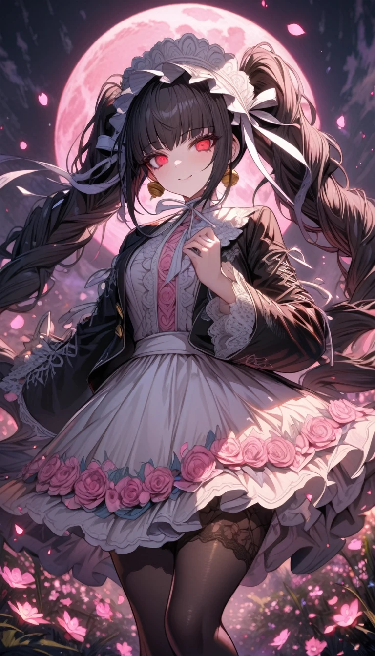 Ultra detailed, highres, absurdres, HDR, master piece, Celestia Ludenberg, black hair tied into two twin-drill pigtails, white bonnet, expressive red eyes, black jacket, white shirt, black skirt, black stockings, Danganronpa, pink flowers, petals, fireflies, pink moon, woman, solo, extremely beautiful, very detailed face and eyes, best quality, fantasy, magical, smiling