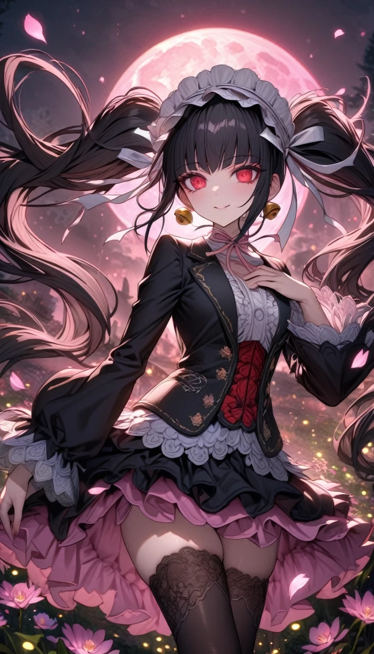 Ultra detailed, highres, absurdres, HDR, master piece, Celestia Ludenberg, black hair tied into two twin-drill pigtails, white bonnet, expressive red eyes, black jacket, white shirt, black skirt, black stockings, Danganronpa, pink flowers, petals, fireflies, pink moon, woman, solo, extremely beautiful, very detailed face and eyes, best quality, fantasy, magical, smiling
