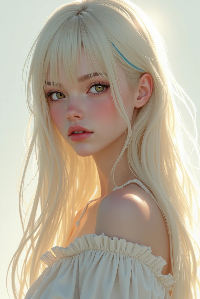 Melissa was an extraordinarily beautiful girl, she had a kind of angelic energy, Her hair is cream or ivory with sky blue streaks with bangs, it's long to her lower back, it's straight but slightly wavy, and her eyes are hazel but slightly greenish, She's fair-skinned. She was also tall 1,70