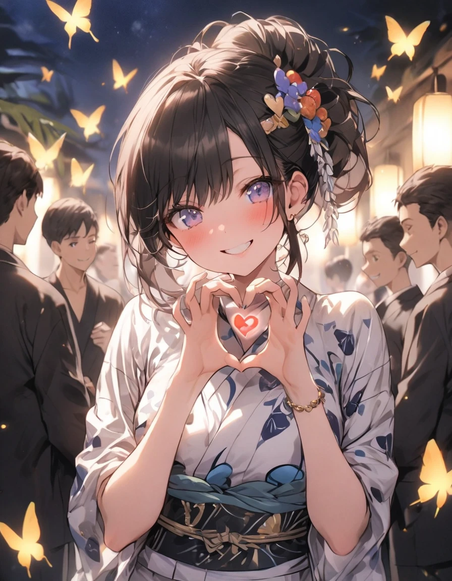 masterpiece、(((boy and girl)))、Black Hair、tied hair、(((Make a heart shape with their hands)))、Summer yukata、butterflies dance、smile、Focus on the face, night background