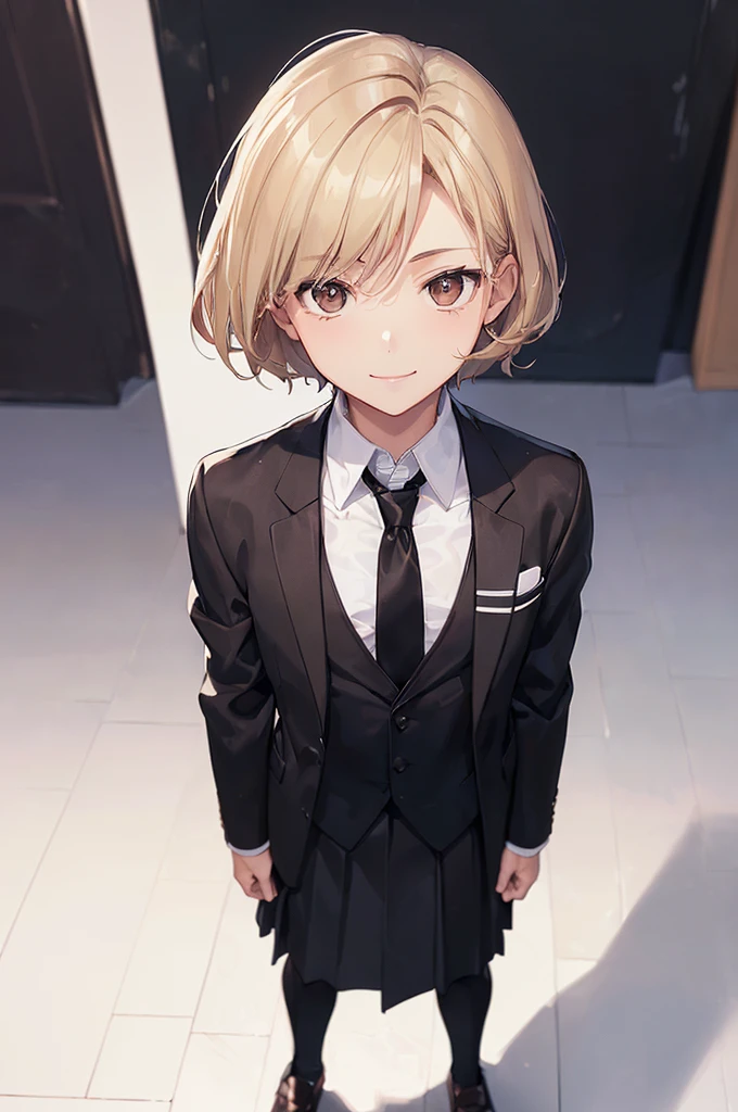 (((masterpiece; best quality: 1.2))), (finely detailed eyes: 1.3), ((1 male )), ((solo)), (brown eyes: 1.4), (body shape; lean, masculine, manly: 1.3), (very short blond hair: 1.3), (clear background: 1.2), ((depth of field)), (equipment: school uniform + black jacket + black necktie + white shirt: 1.3), (anime illustration: 1.2), (background composition; japanese highschool classroom + furniture: 1.1), (extremely handsome: 1.1), (shot composition; standing + centered on face + medium-shot close-up: 1.5), (facial expression; calm + smile: 1.2)