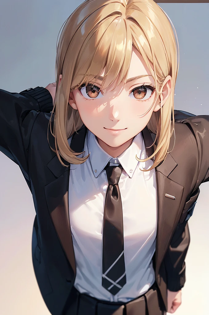 (((masterpiece; best quality: 1.2))), (finely detailed eyes: 1.3), ((1 male teen)), ((solo)), (brown eyes: 1.4), (body shape; lean, masculine, manly: 1.3), (very short blond hair: 1.3), (clear background: 1.2), ((depth of field)), (equipment: school uniform + black jacket + black necktie + white shirt: 1.3), (anime illustration: 1.2), (background composition; japanese highschool classroom + furniture: 1.1), (extremely handsome: 1.1), (shot composition; standing + centered on face + medium-shot close-up: 1.5), (facial expression; calm + smile: 1.2)