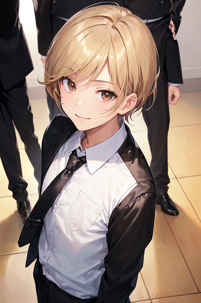 (((masterpiece; best quality: 1.2))), (finely detailed eyes: 1.3), ((1 male )), ((solo)), (brown eyes: 1.4), (body shape; lean, masculine, manly: 1.3), (very short blond hair: 1.3), (clear background: 1.2), ((depth of field)), (equipment: school uniform + black jacket + black necktie + white shirt: 1.3), (anime illustration: 1.2), (background composition; japanese highschool classroom + furniture: 1.1), (extremely handsome: 1.1), (shot composition; standing + centered on face + medium-shot close-up: 1.5), (facial expression; calm + smile: 1.2)
