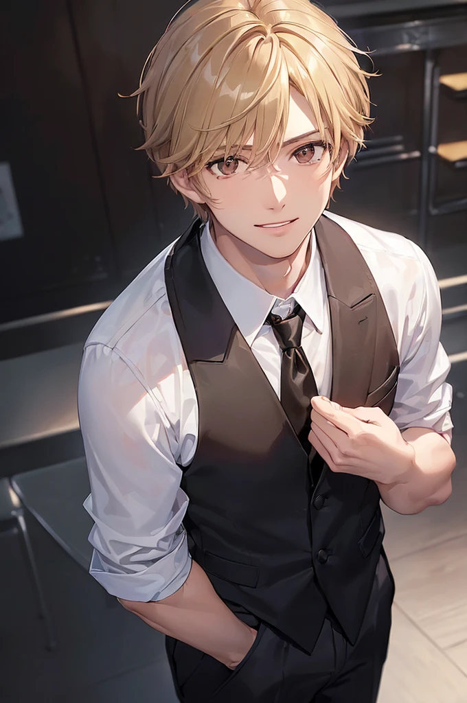 (((masterpiece; best quality: 1.2))), (finely detailed eyes: 1.3), ((1 male )), ((solo)), (brown eyes: 1.4), (body shape; lean, masculine, manly: 1.3), (very short blond hair: 1.3), (clear background: 1.2), ((depth of field)), (equipment: school uniform + black jacket + black necktie + white shirt: 1.3), (anime illustration: 1.2), (background composition; japanese highschool classroom + furniture: 1.1), (extremely handsome: 1.1), (shot composition; standing + centered on face + medium-shot close-up: 1.5), (facial expression; calm + smile: 1.2)