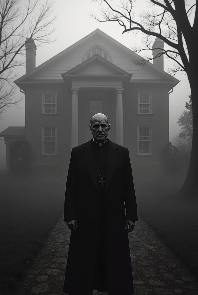 the exorcist 1973, front of the house, father, Father Karras in front of the house, dark, black and white, full mist, poster