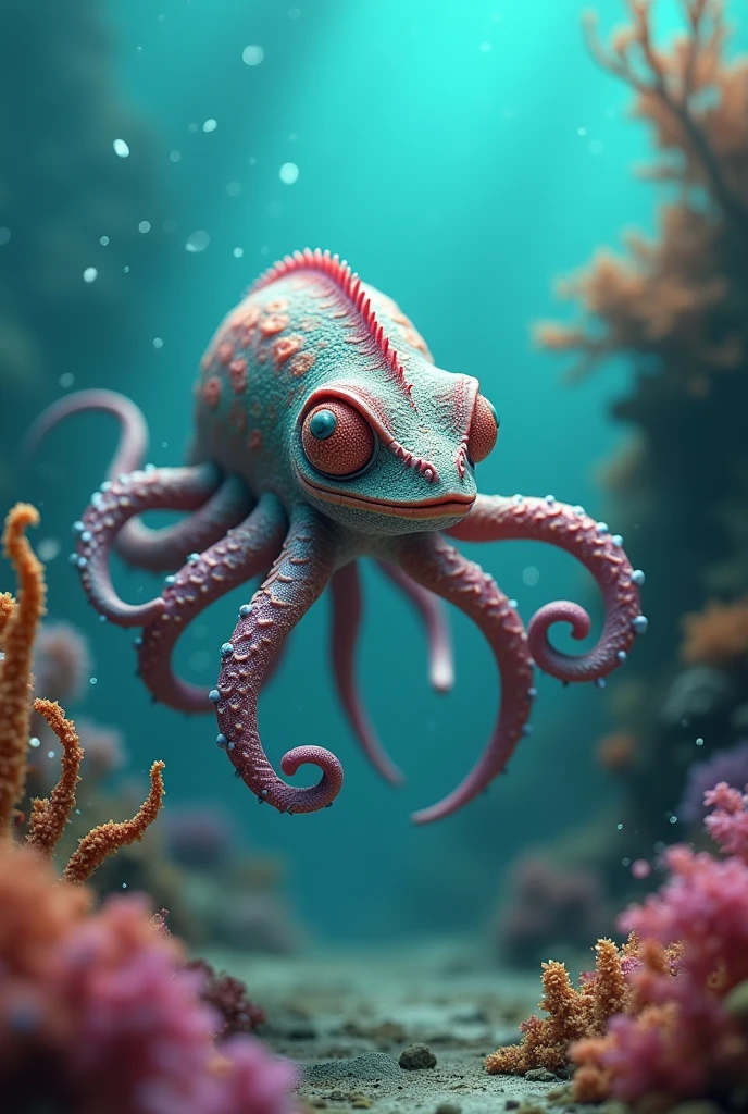 (extremadamente detallado, obra maestra, La mejor calidad), Estilo oscuro, intense illumination, rostro con arrugas, lengua larga, tentacle, deforme, monstruoso, interior de una piscina de agua verdosa, imagen submarina, alien con Colmillos finos, pico de pulpo amenazante. manchas de tinta. Rococo composition. Luz de caravaggio