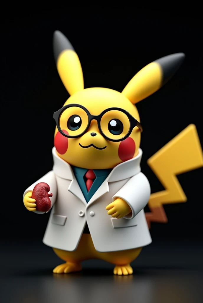 Pikachu dressed as a Doctor with glasses and a little kidney in his hand, with a caption at the bottom of the image that says 'Dr'. Jaime Ernesto Chacón and the background of the image should be black