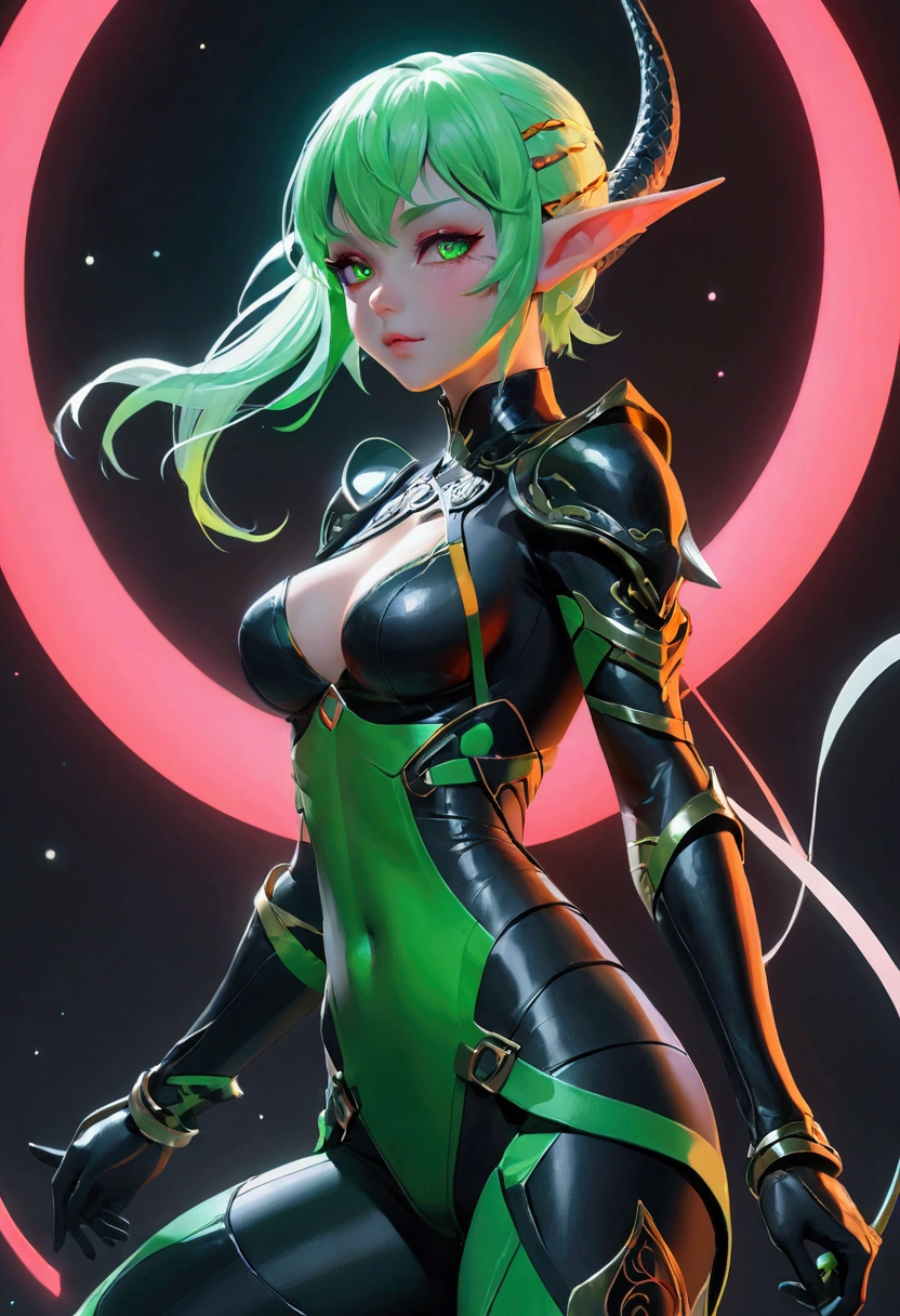 Anime style, Elf Girl, Dragon Horn, Futuristic Latex Ninja Suit、Dynamic action poses、Light green hair, Ninja masks, Small Breasts, Slim figure, Moonlit Night, Glowing neon details、Dramatic lighting、Vibrant color palette、High Detail(Best quality、4K、8k、high resolution、masterpiece:1.2)Complex mechanical design、Advanced control enhancement、Glowing energy effect、dynamic motion blur、Striking visual narrative