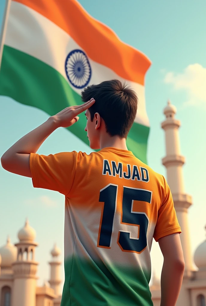A 21 years old boy salutes the national flag of Bharat and he is wearing a shirt print is like Bharat flag and " AMJAD " and 15 number and independence day in small written on it's back in big and bold fonts, 3d illustration.
