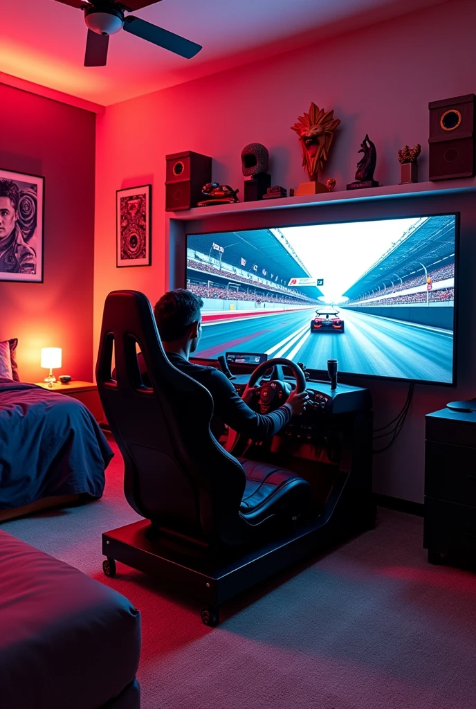 bedroom, sports car, racing simulator, bed, closet, chair, room