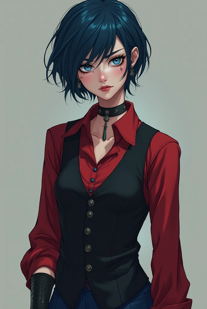 youthful woman, has short, messy hair, dark blue color , eyes with pool blue iris, has a scar on her right cheek. Has a clear, soft and well-maintained skin, with several ritualistic scar and tattoo marks. The girl is dressed in a crimson dress shirt with black pieces, over a dark vest and dark blue pants that go with the look from below, as accompanying accessories Evelyn wears a single glove on her right hand 



