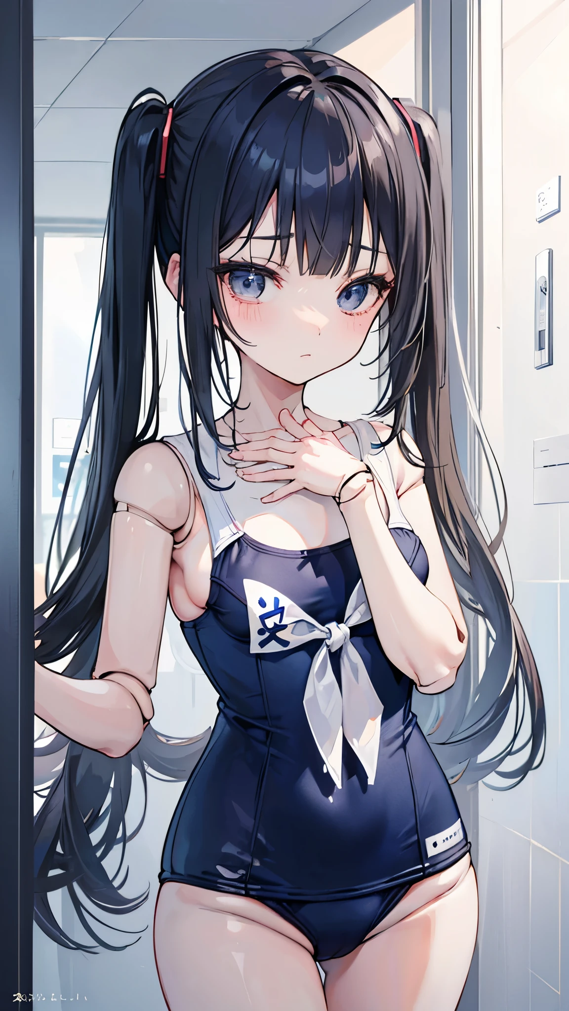 ((masterpiece、Highest quality、Very detailed))、One person、Black Hair、Long Hair、twintails、blunt bangs、Grey Eyes、expression、Small breasts、((doll joints))、((Navy blue school swimsuit))、Place your hand on your chest、Shower Room Background