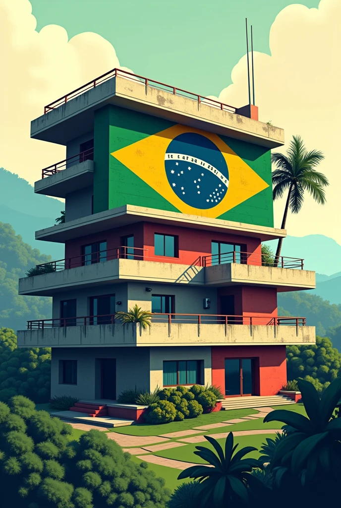 Create a GTA logo with the name "Grajau Roleplay" with an image of a favela and the house has a Brazilian flag. Replace the name GTA with "Grajau Roleplay". Replace the building with a favela and the image should be a vector
Image should have a modernist favela