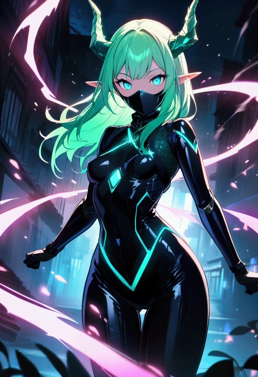Anime style, Elf Girl, Dragon Horn, Futuristic Latex Ninja Suit、Dynamic action poses、Light green hair, Ninja masks, Small Breasts, Slim figure, Moonlit Night, Glowing neon details、Dramatic lighting、Vibrant color palette、High Detail（Best quality、4K、8k、high resolution、masterpiece：1.2）Complex mechanical design、Advanced control enhancement、Glowing energy effect、dynamic motion blur、Striking visual narrative