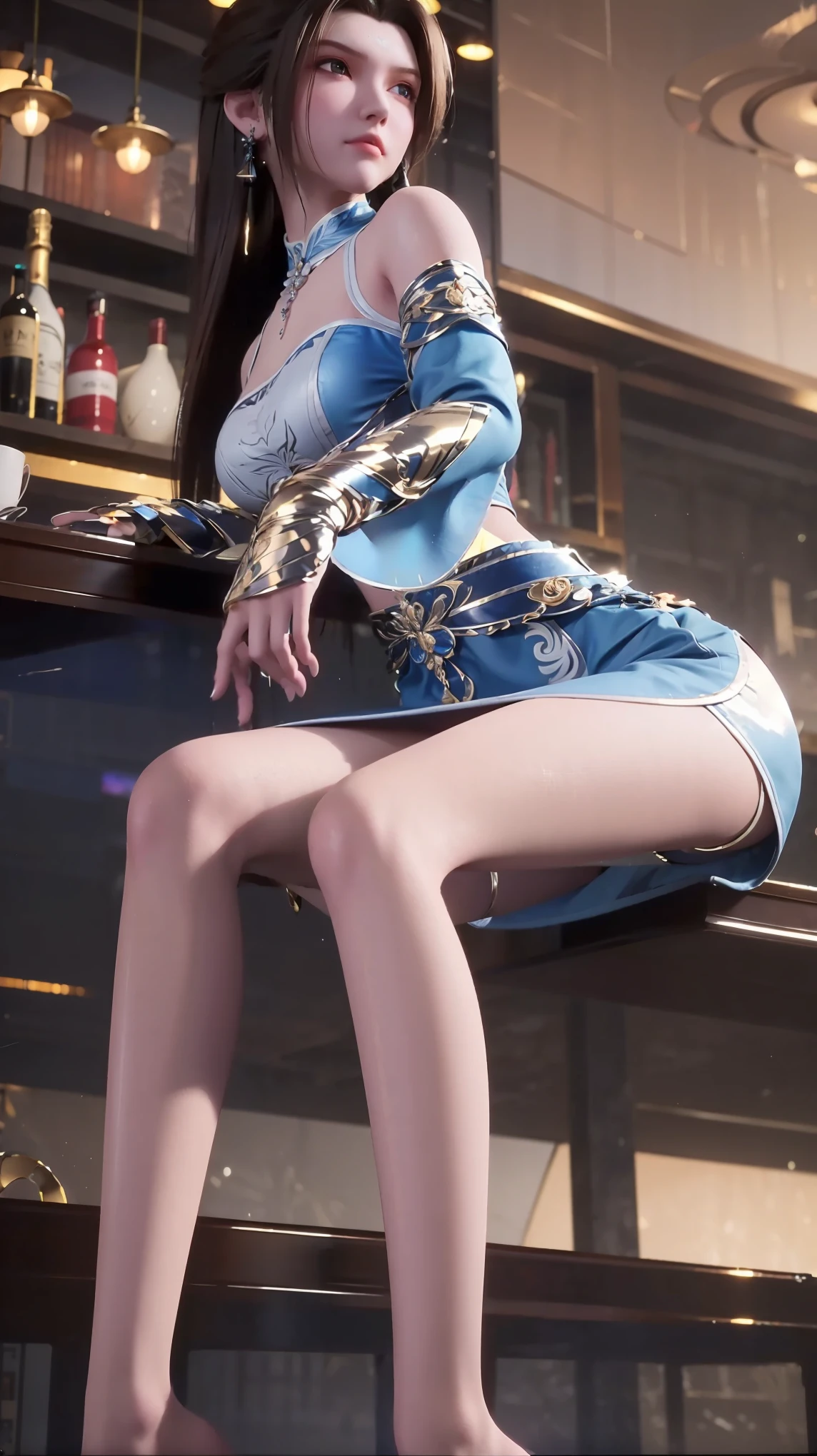 ((Shot in the knee)), ((From below)),A young girl, Wearing a skirt，At the bar, sit on the chair, Cross your legs, Posing elegantly, Detailed scenario, Messy long hair, Blush Blush, Beautiful slender legs, (Very high color saturation), details, Ultra Detailed, (masterpiece, Best quality), (Extremely exquisite and beautiful work), Delicate earrings, Exquisite necklace, Simple blur background, Extremely detailed description, Super Fine, Delicate face, slim body, Thin waist， (Anatomically correct)，whole body，barefoot