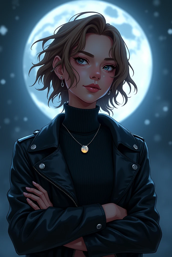 Young Brazilian alternative grunge style human with normal clothes fascinated by Greek mythology and supernatural creatures, deep connection with the dark forces of the night, A horror, mystery, and investigation RPG set in modern times, the basic image, occultist, medium size hair, light brown hair color , very clear skin, moonstone necklace, at night with the moon, usually happy, wearing a black turtleneck sweater with long sleeves, leather jacket, extroverted, mais Cartoon, artistry, cartoon, piercings