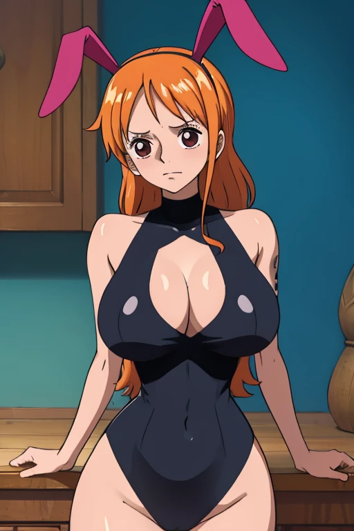 Big chest, chest, whole body,Thighs,Light blush, Bodysuits,Black,Bunny ears,looking at the camera, making eye contact, Light blush, valley,Large Breasts, Looking up,ペロペロ