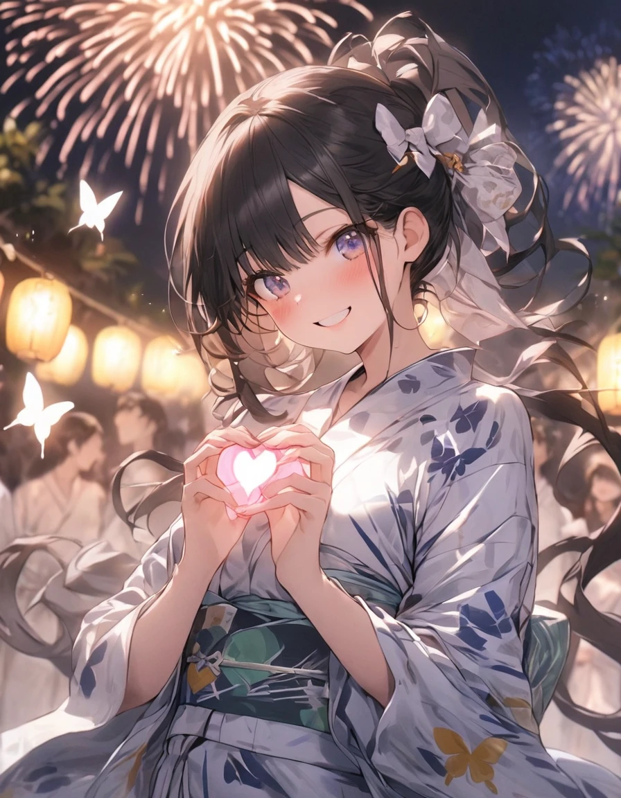 masterpiece、girl、Black Hair、Long Hair、tied hair、(((Make a heart shape with her hands)))、Summer yukata、firework、butterflies dance、smile、Focus on the face, night background