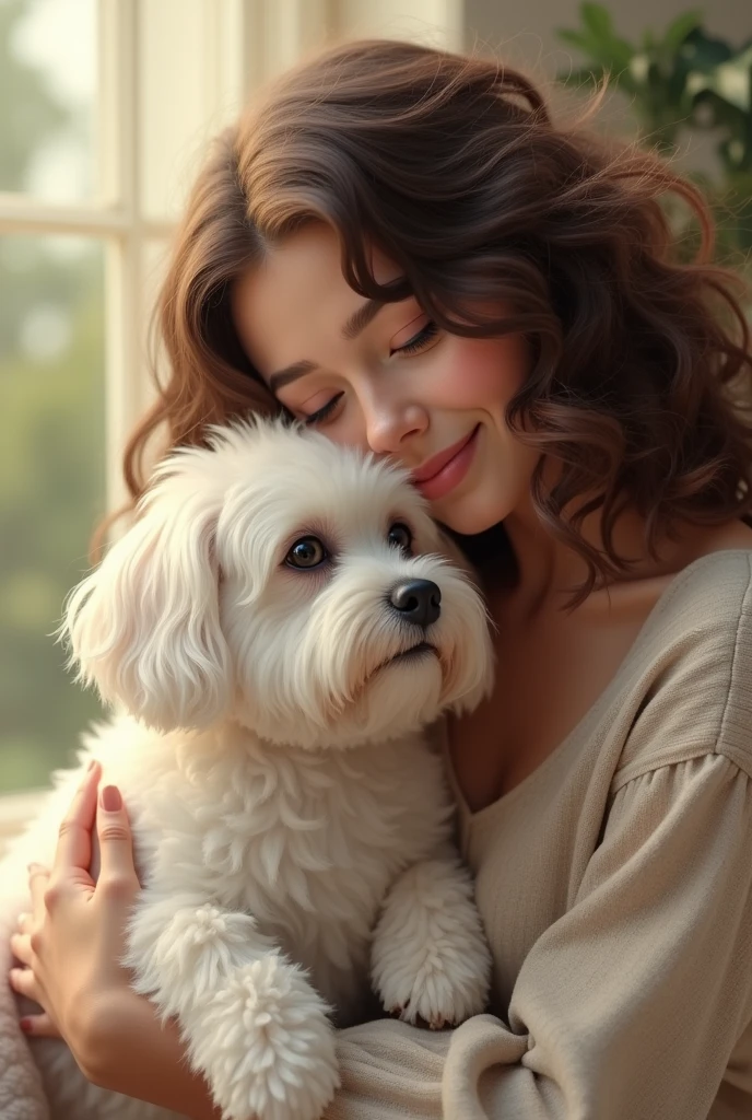 Maltese dog with her curly-haired brunette owner