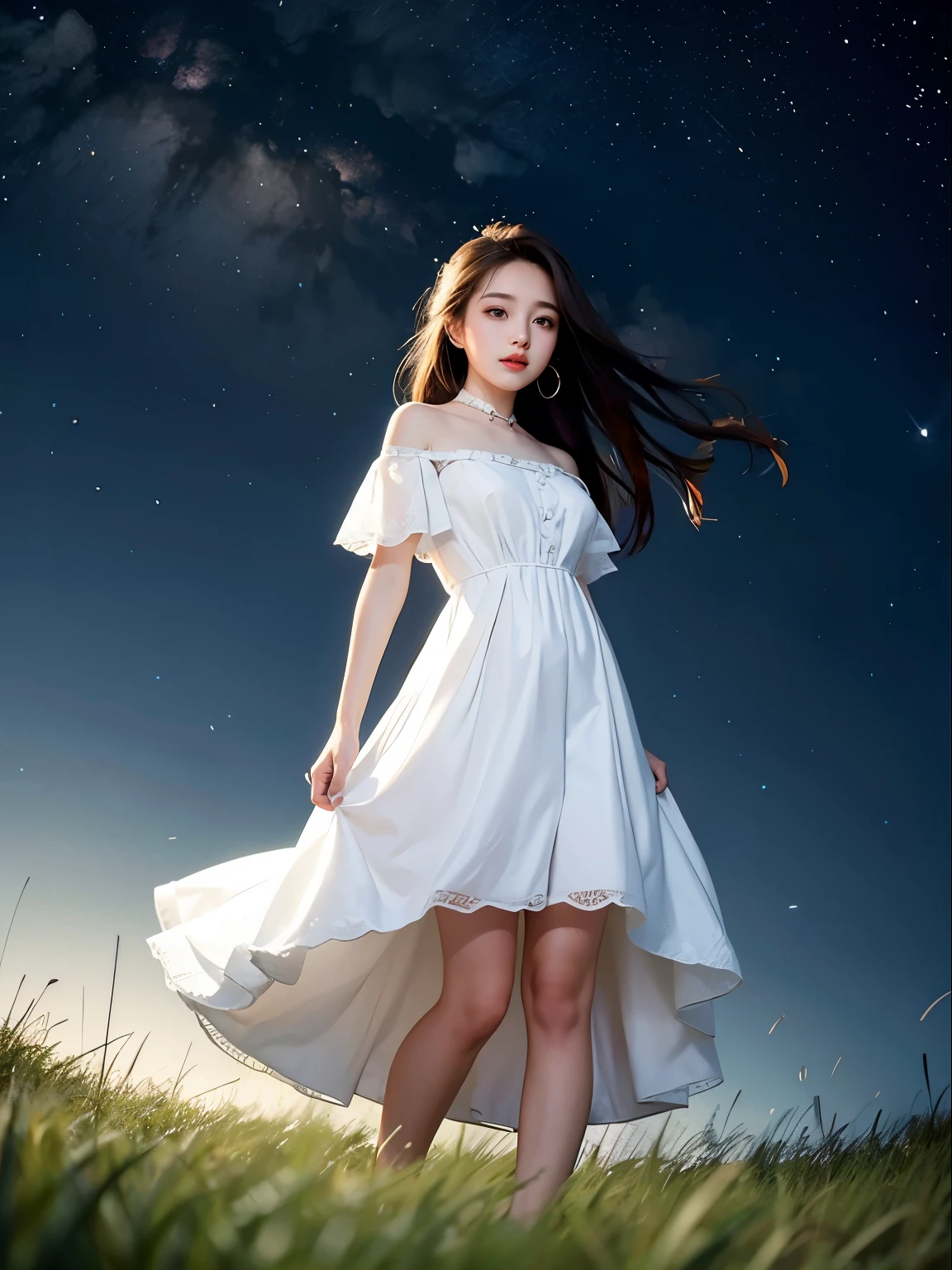 Night Grassland。In the vast sky, the Big Dipper shines brightly。A beautiful girl standing in a white dress.