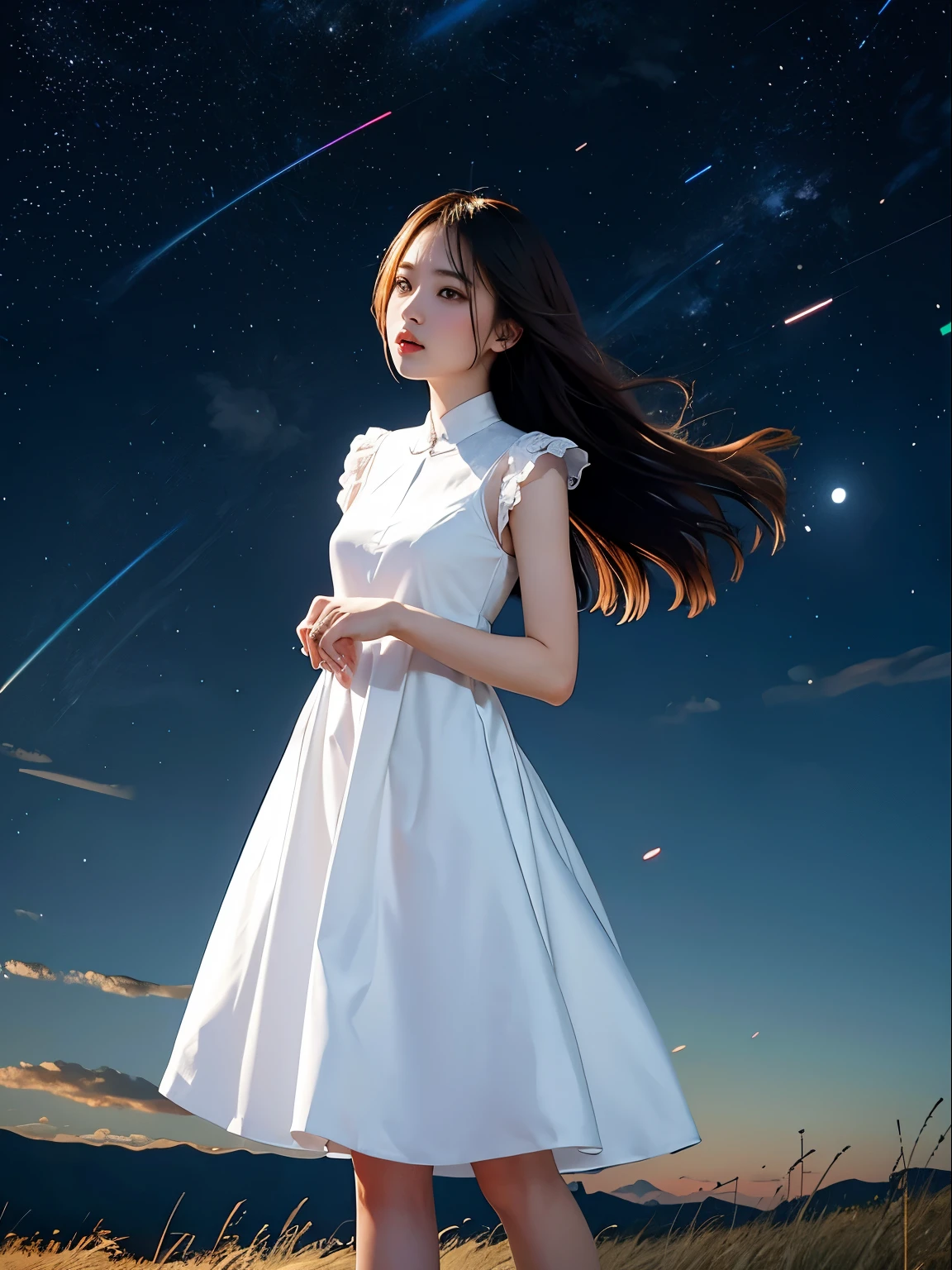 Night Grassland。In the vast sky, the Big Dipper shines brightly。A beautiful girl standing in a white dress.