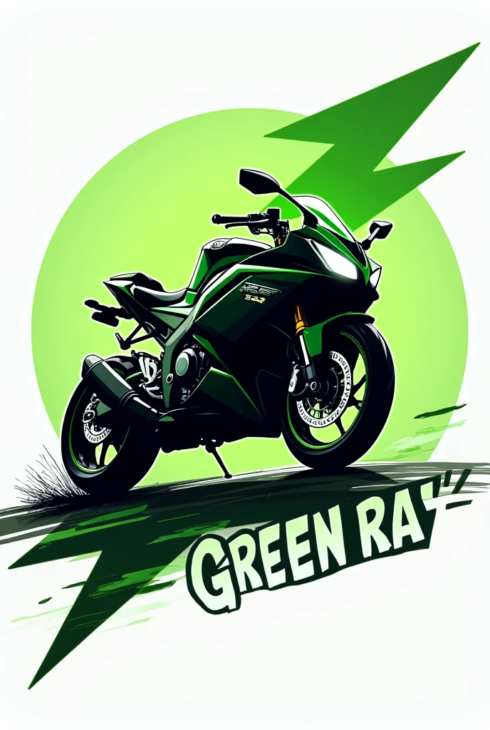  The silhouette of a green lightning bolt combined with a Kawasaki Ninja 300 motorcycle., falling on the track, The bike is in profile and under the surface it says "Green ray", It's an epic and eye-catching logo design, drawing style. 