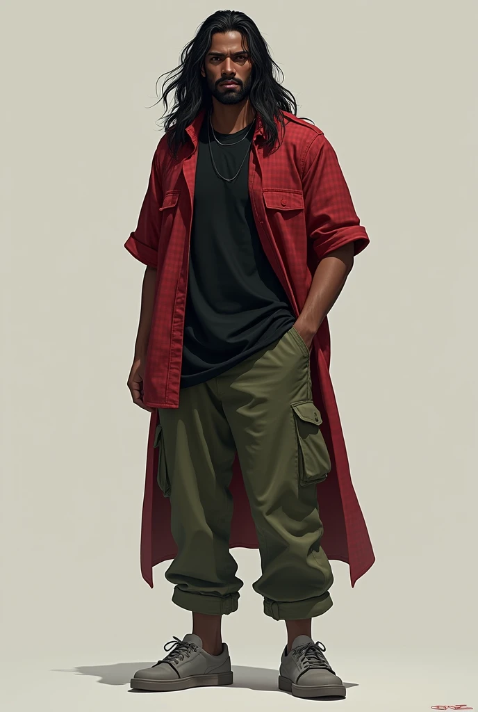 create a character, dark skin, long hair, calm face, short beard, black t-shirt, red checkered blouse, military green pants, gray sneakers.