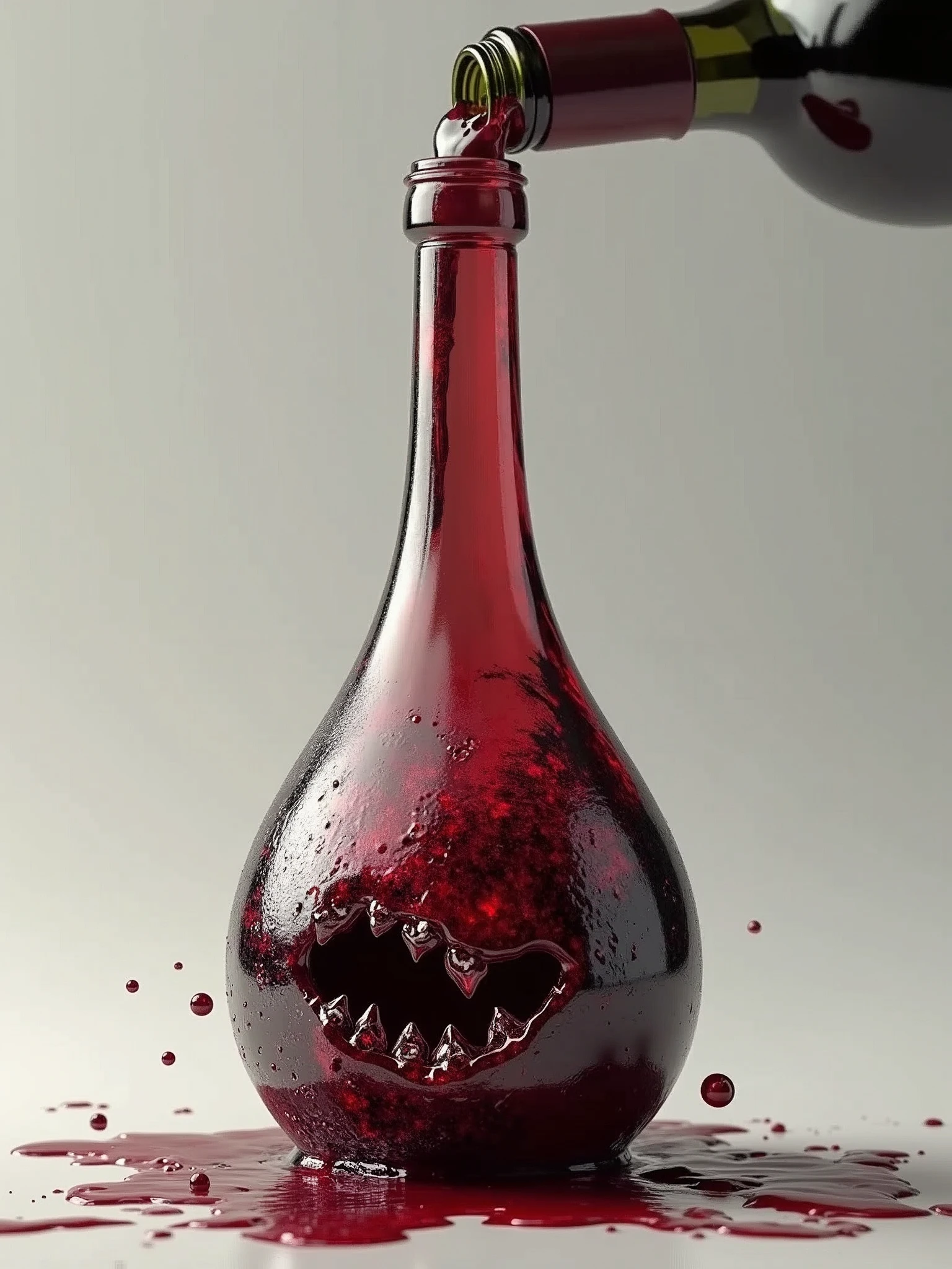 Create a hyper-realistic image of a wine bottle that has been bitten by a mouth. The bottle should have visible teeth marks on its belly, and the wine should flow freely from the bite marks, glistening in the light with a rich red color. Focus on the bite area to show detailed textures, glass fragments, and the fluid dynamics of pouring the wine.