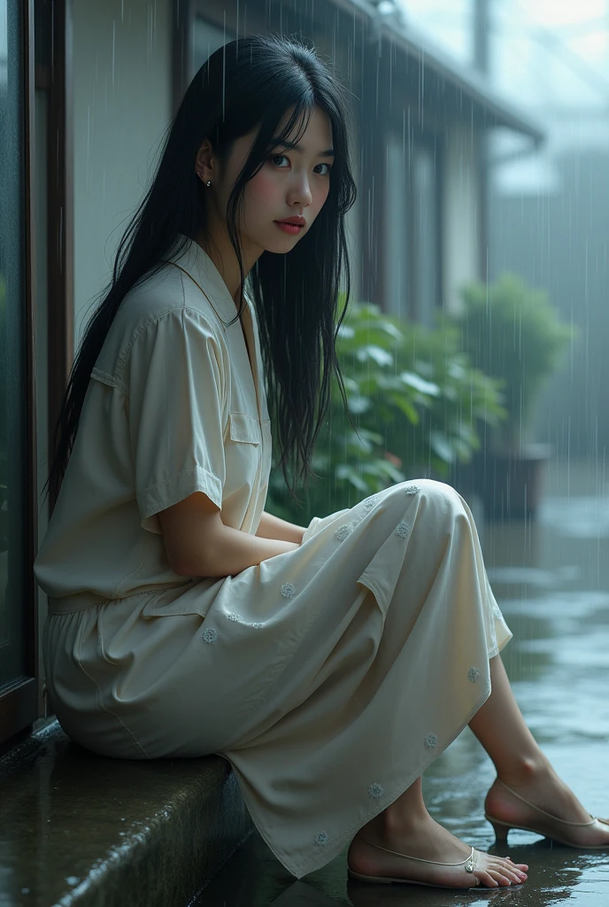 (photorealism:1.3), Japanese woman, fat woman, not young, not looking at outside, some spots on the face, sitting in the rain, wearing wet dress and skirt and high heel shoes, black long straight, outdoors, soft lighting, relaxed pose, realistic, intricate details, cool colors