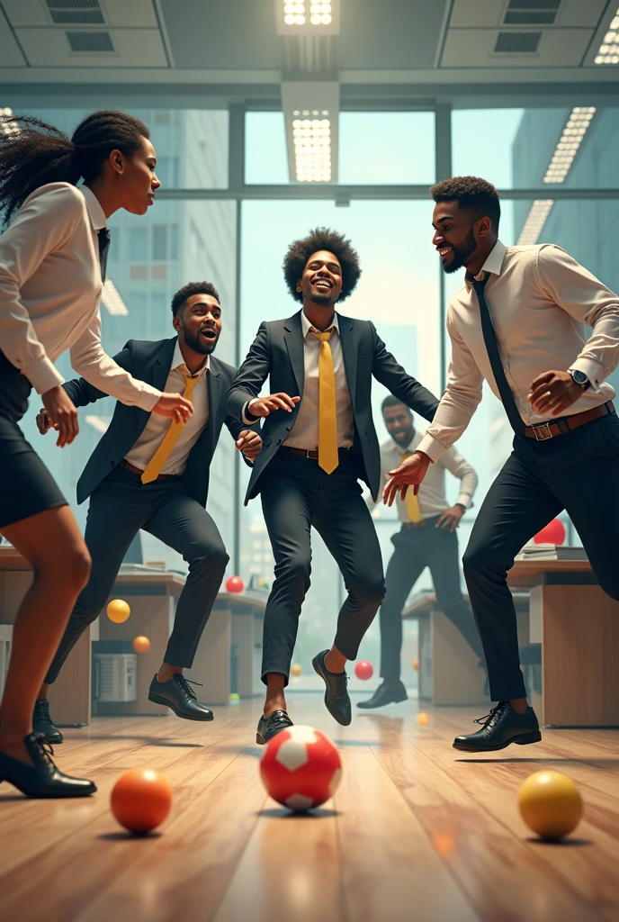 A group of businessmen, Black men and women , In an office, playing shuttlecock, desperate, hurried, several bouncy balls