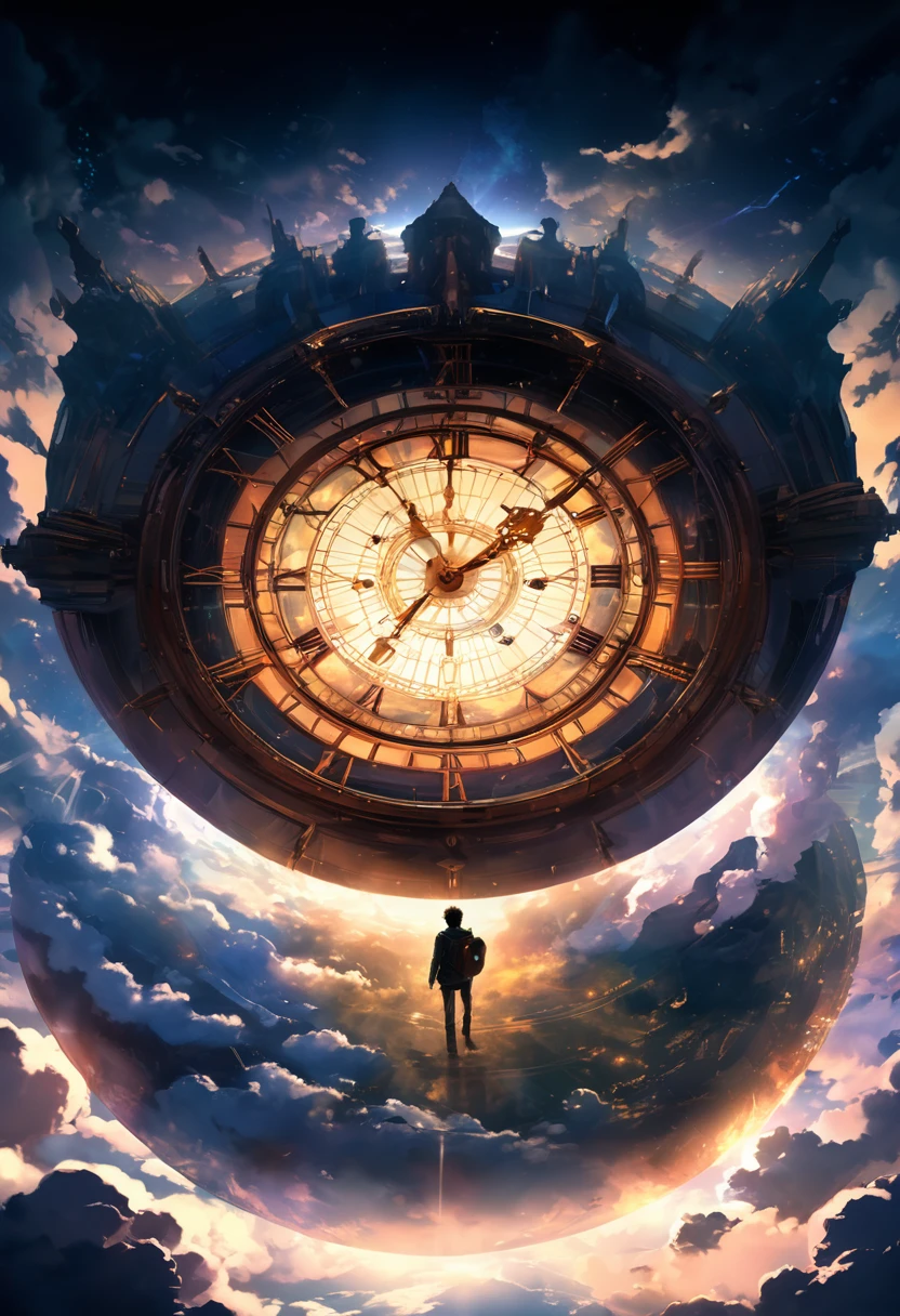 anime style image of a man standing on a platform looking at a clock, Time travel theme, infinite space clock background, dreampunk romanticism artwork, time traveler, inter dimensional clockwork, makoto shinkai cyril rolando, memory trapped in eternal time, astral clockwork, in search of lost time, the passage of time, epic anime art