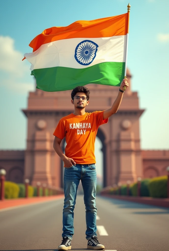A real 20 years old boy, Wearing Orange T shirt blue jeans sneakers and the name "KANHAIYA" is written on his t-shirt and the boy is standing on the road with holding a national flag of India, and behind him is the Red Fort Delhi. And written on sky "Independence Day" Create Realistic image high quality.