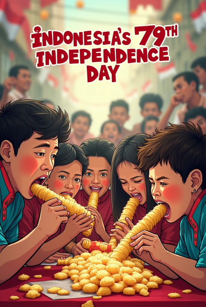 Create a drawing of people participating in a cracker-eating competition to celebrate Indonesia's 79th Independence Day with the words " INDONESIA'S 79th INDEPENDENCE DAY"