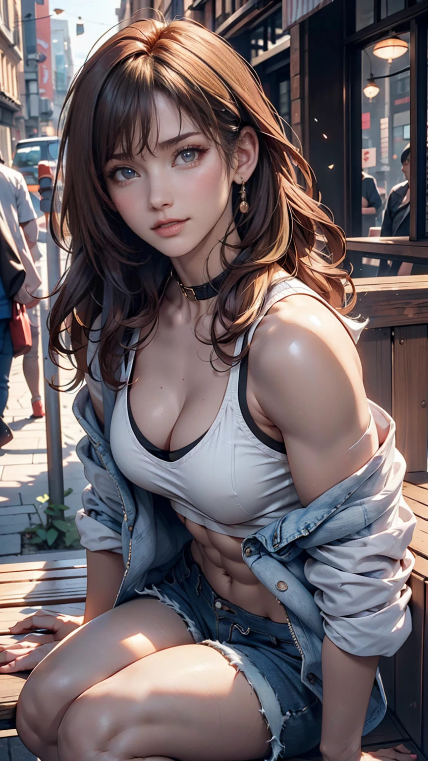 ((Mid-chest, Long Hair, Small Head)), Dawn, sunlight, (Defined Abs: 1.1), (Perfect body: 1.1), (Short Wavy Hair: 1.2), Auburn Hair, collar, Lock, Full body photo, Shabby Street, Wearing a black tank top, Low-rise denim jacket, ((Shorts)), (Highly detailed CG 8k wallpaper), (Very delicate and beautiful), (masterpiece), (Highest quality: 1.0), (Super Resolution: 1.0), Beautiful lighting, Perfect Lightning, Realistic Shadows, [High resolution], Detailed Skin, Super detailed、Setback Heel、24-year-old woman、Attractive Young Woman, (Beautiful Face:1.1)、smile