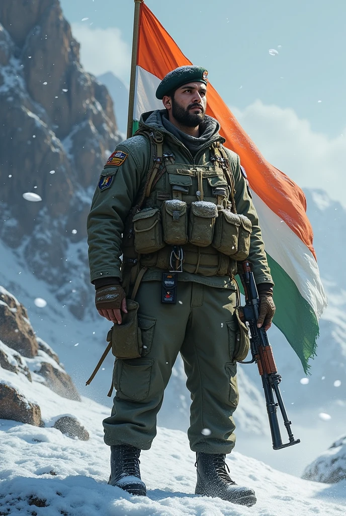An Indian soldier with a Indian flag and gun standing out in cold winter
