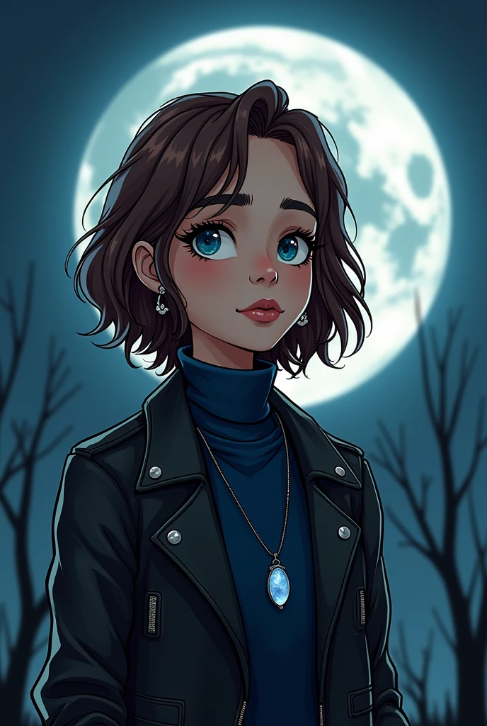 Young Brazilian alternative grunge style human with normal clothes fascinated by Greek mythology and supernatural creatures, deep connection with the dark forces of the night, A horror, mystery, and investigation RPG set in modern times, the basic image, occultist, medium size hair, light brown hair color , very clear skin, moonstone necklace, at night with the moon, usually happy, wearing a navy blue turtleneck long-sleeve shirt, leather jacket, extroverted, mais Cartoon, artistry, cartoon, piercings