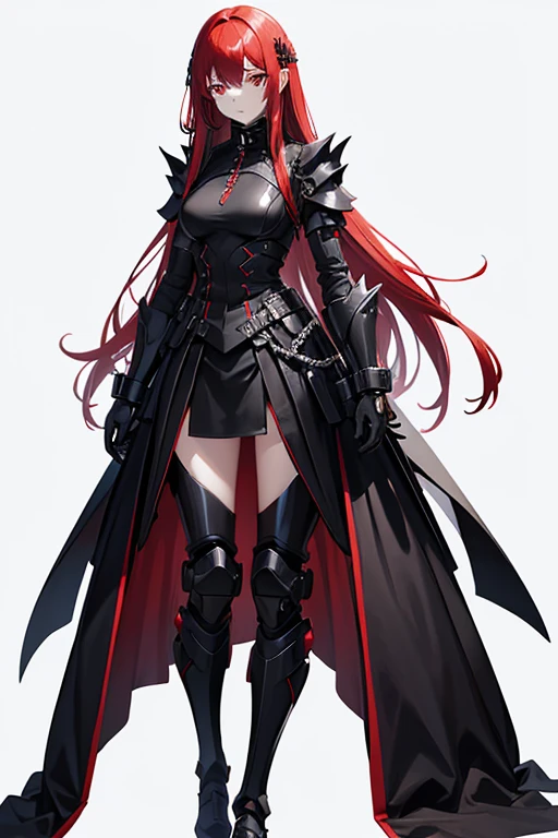 long red hair woman wearing black color stempunk clothing with exoskeleton armor with chains faceless black mask full body looking at viewer white background