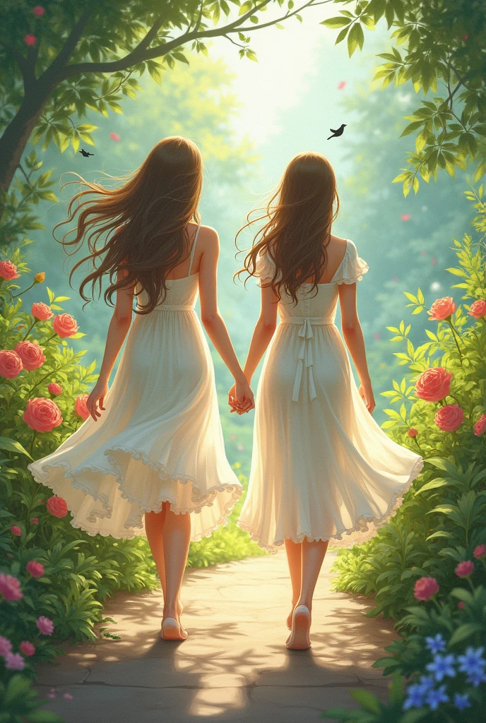  Girls with long hair stroll in the garden . Floral dresses, stray hair, little birds...