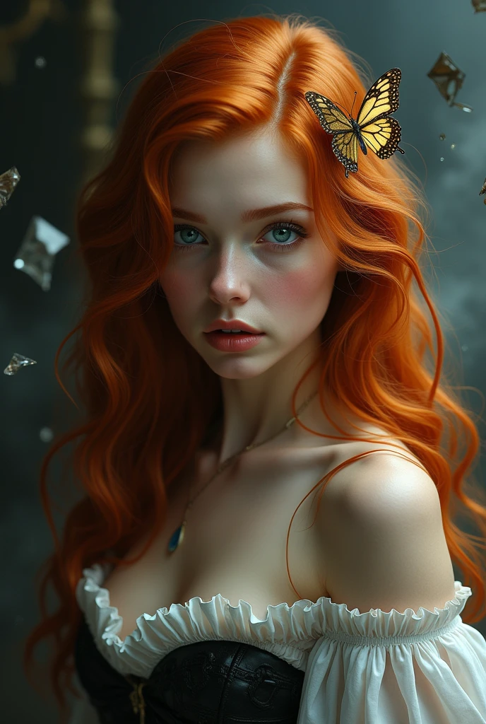 (solo, full body photo:1.3), (action packed:1.3), (haze, fog, mist:1.3), chiaroscuro, best quality, photorealistic, 1woman, (cute), (24yo:1.2), redhead, long ginger hair highly detailed, 1700'S, digital photography, art by artgerm and ruan jia and greg rutkowski surreal painting gold butterfly filigree, broken glass, (masterpiece, sidelighting, finely detailed Fashionable eyes: 1.2) (perfect oval large eyes that gazes at the viewer), beautiful detailed face, blue gorgeous perfect eyes, (blonde hair ponytail), (attractive young woman:1.3), (thick amazing hair), (seductive:1.1), (blushing:1.1)